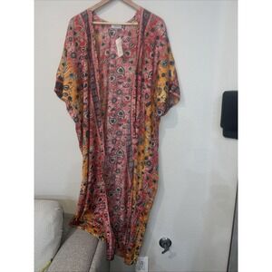 Lulla Collection ORANGE/PINK Floral geo Hippy Kimono Full Length NWT ONE SIZE